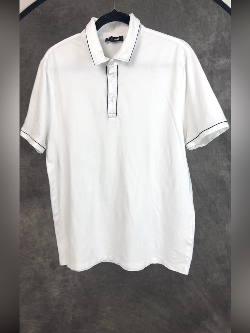 Express White Piped Polo Shirt | Size L | Black Trim Button Polo